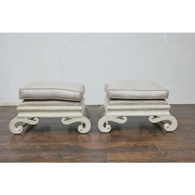 Rococo Pair of 1920s Continental Upholstered Ottomans with Carved S-Scroll Bases For Sale - Image 3 of 11