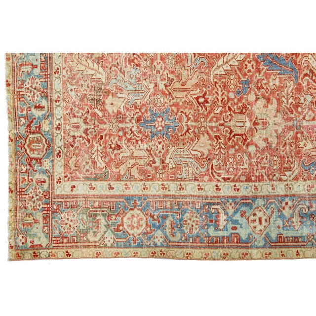 1920s Handmade Persian Heriz Handmade Wool Rug in Red-Rust With Medallion Motif For Sale - Image 5 of 8