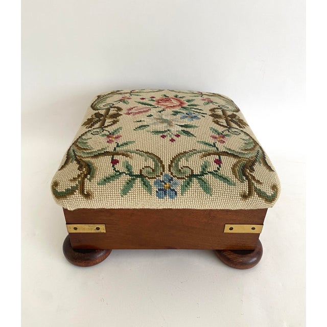 Tan English Needlepoint and Mahogany Foot Stool For Sale - Image 8 of 9