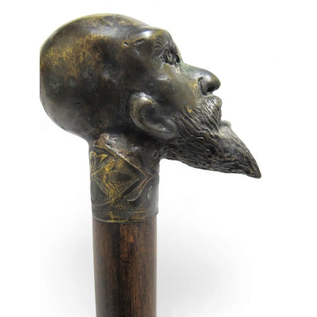 Figurative Bronze Bearded Man Figural Scholar Handle Antique Wood Walking Stick Cane For Sale - Image 3 of 12