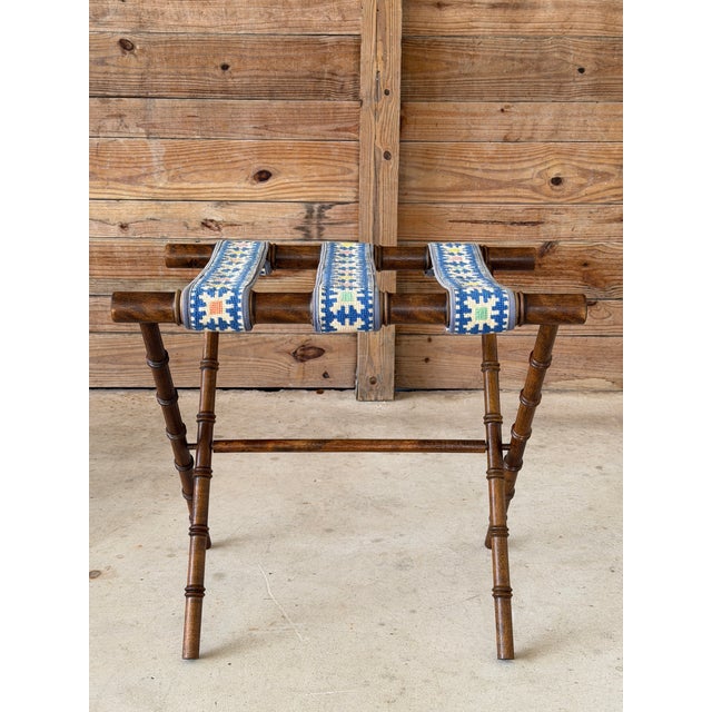 Ornamental & Decorative Materials Vintage Walnut Faux Bamboo Folding Luggage Rack With Needlepoint Straps For Sale - Image 7 of 11