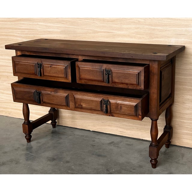 1900 - 1909 19th Century Catalan Spanish Carved Walnut Console Sofa Table, Four Drawers For Sale - Image 5 of 11