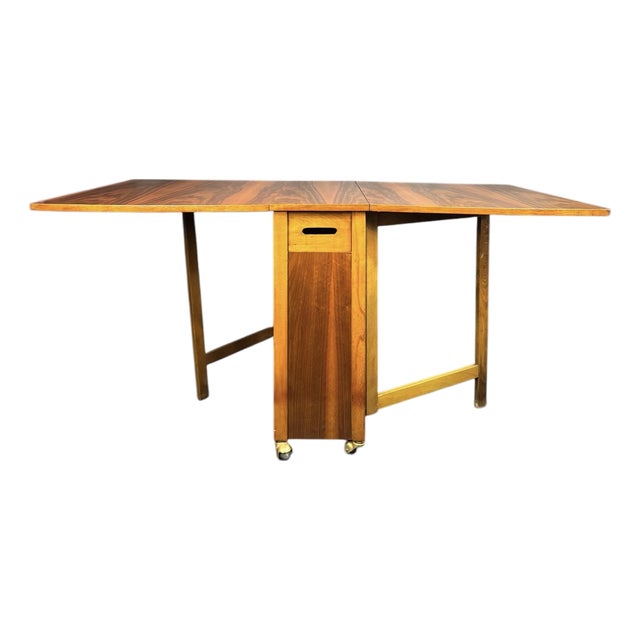 Vintage Mid-Century Teak Drop Leaf Dining Table W/ Built-in Storage For Sale