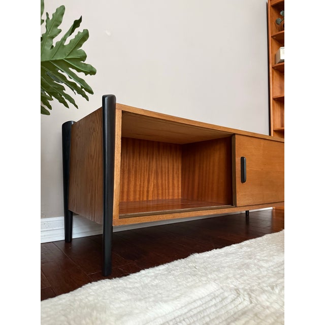 Vintage MCM Teak Media Cabinet/Console With “Exoskeleton” Legs and Sliding Doors For Sale - Image 4 of 12