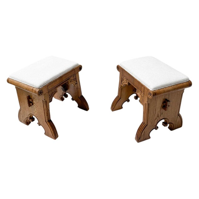 Arts & Crafts Hand-Carved Oak Stools with Boucle Upholstery, 1900s, Set of 2 For Sale - Image 16 of 16