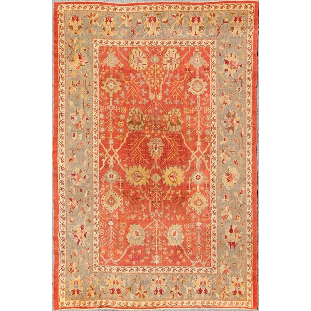 Antique Turkish Oushak Rug With All-Over Design on Orange Red Field and Gray Border For Sale - Image 9 of 9