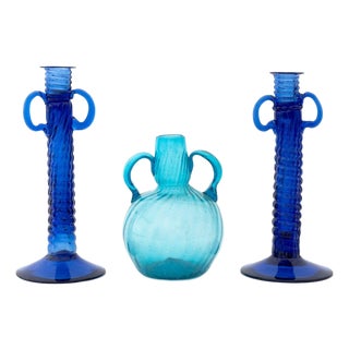 Murano Blue Art Glass Two-Handled Objects, 3 For Sale