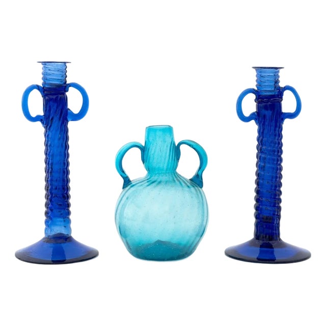 Murano Blue Art Glass Two-Handled Objects, 3 For Sale