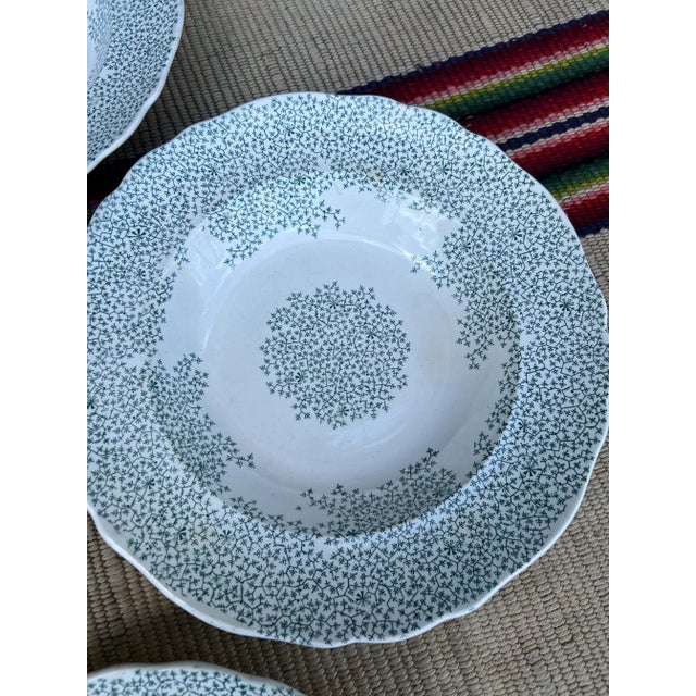 A Set of 7 Green Transferware Staffordshire Soup Plates, "Fibre" Pattern, Circa 1830's Made in the Staffordshire district...