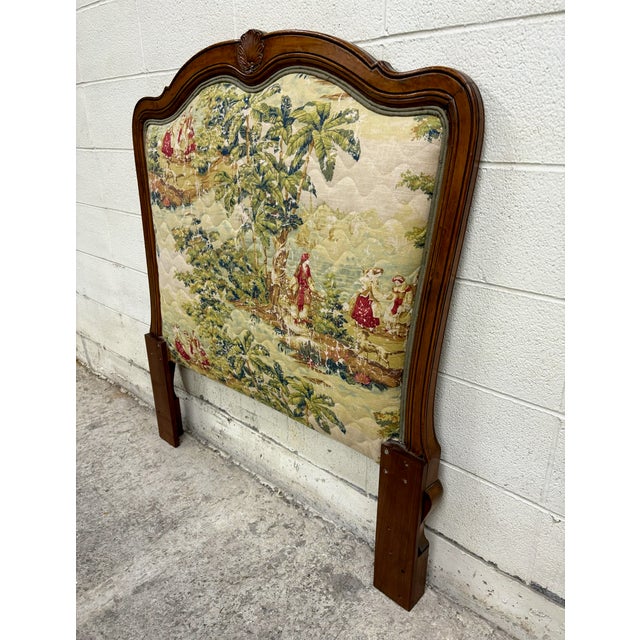 Vintage Louis XV Style Upholstered Twin Size Toile Tapestry Cushioned Headboard For Sale - Image 4 of 9