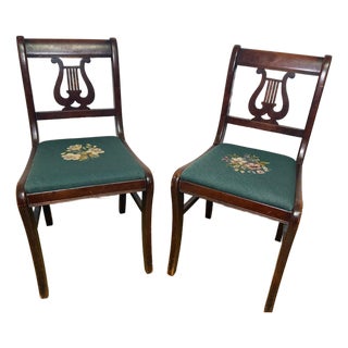 Four Vintage Duncan Phyfe-Style Lyre-Back, Hand-Embroidered Needlepoint Drop-in Seat Chairs For Sale