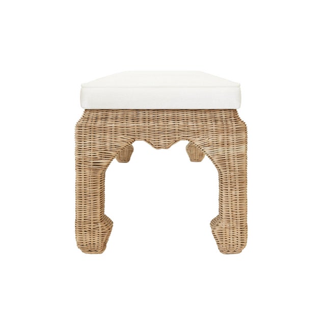 Contemporary Matthew Izzo Home Massey Ming Style Rattan Bench With Ivory Linen Cushion For Sale - Image 3 of 5