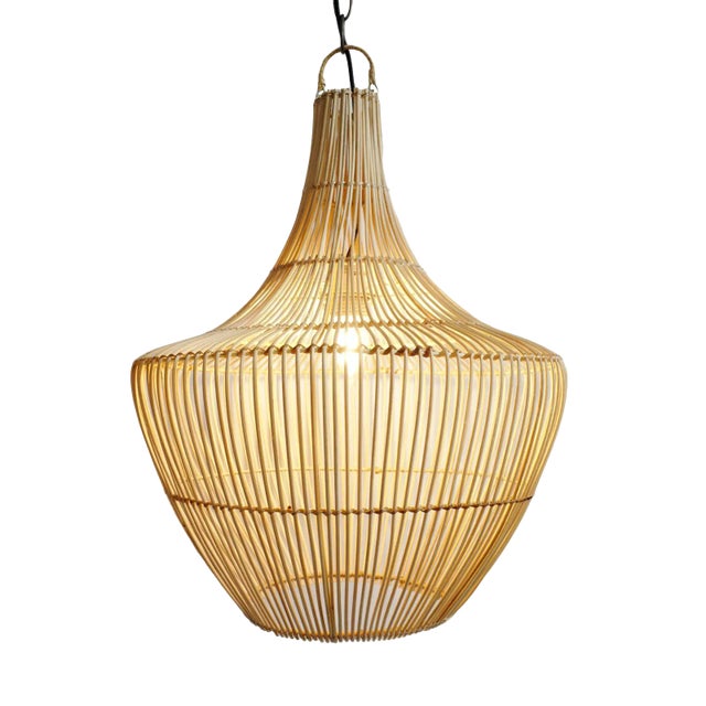 Raw Jeanie style rattan hanging pendant lantern. Beautiful clean natural rattan stick design shape and texture. Medium...