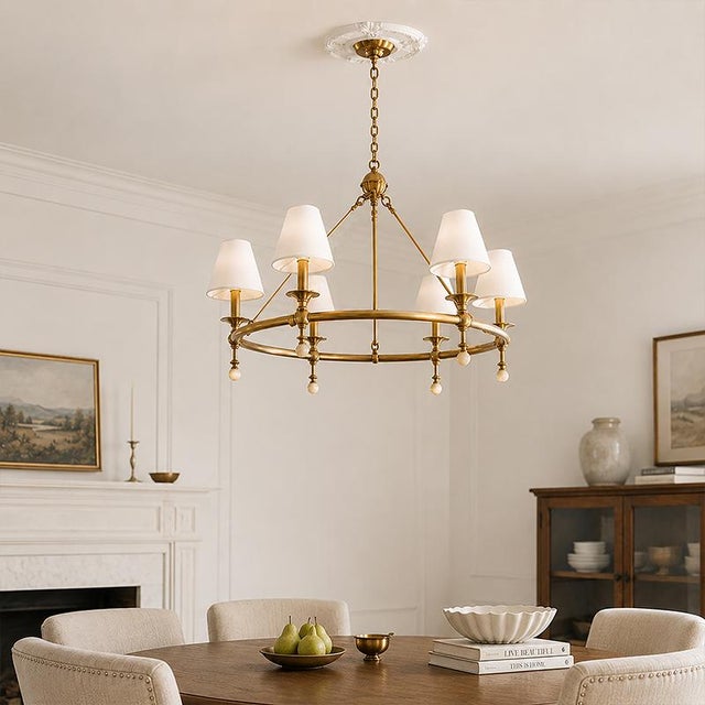 Aloadecor Warm Brass Chandelier With Fabric Shades and Alabaster Finials For Sale - Image 9 of 10