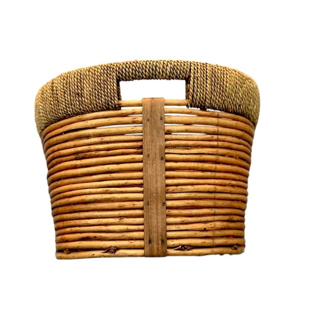 Late 20th Century Vintage Woven Oval Pencil Reed Basket W/ Rattan Rim & Wooden Straps For Sale - Image 5 of 10