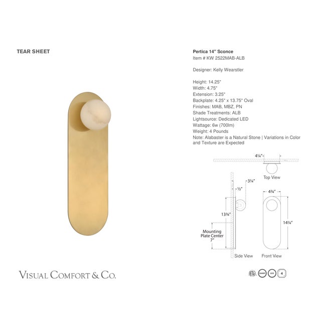 Modern Kelly Wearstler for Visual Comfort Signature Pertica 14" Sconce in Mirrored Antique Brass with Alabaster For Sale - Image 3 of 5