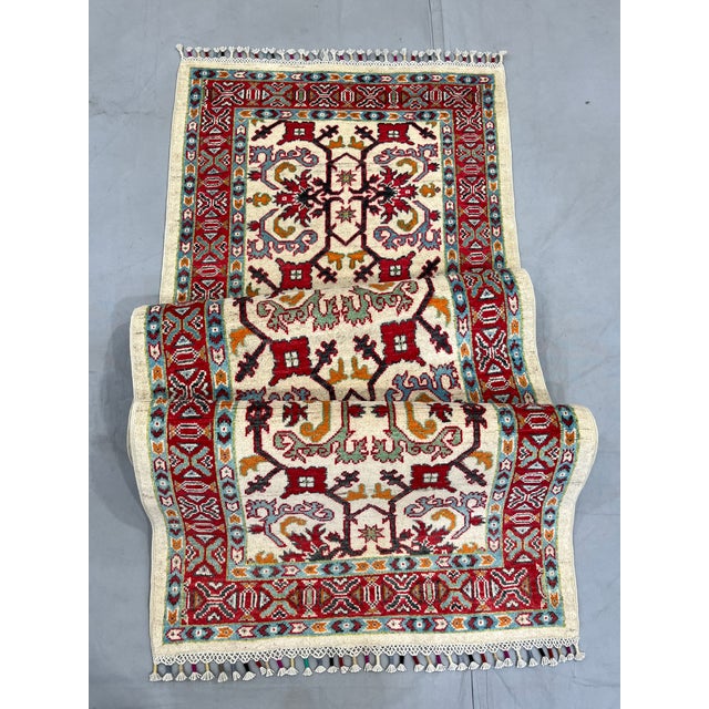 Cream Cream and Red Kazak Wool Runner Rug, Tribal Hallway Rug, 2'8" X 8'9" For Sale - Image 8 of 16