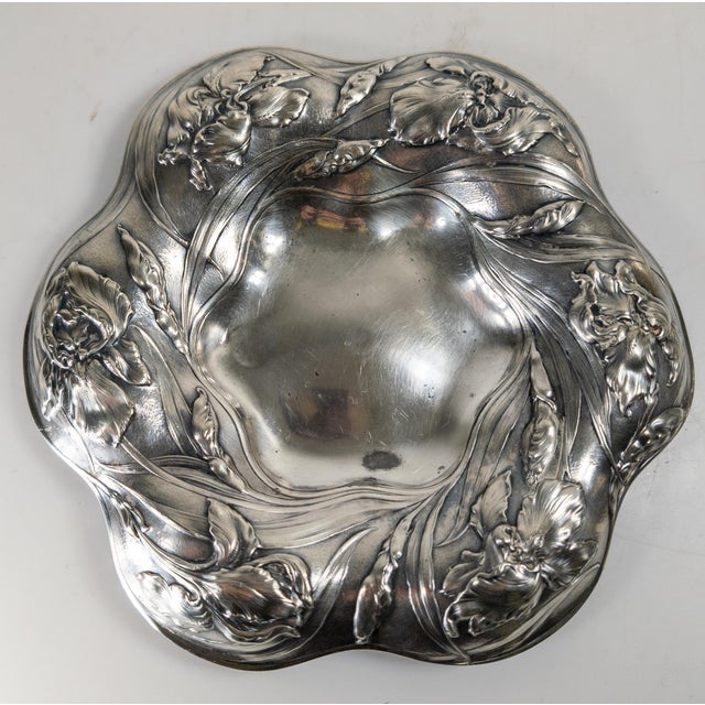 American 19th Century Silverplate Art Nouveau Catchall Card Tray With Iris Flowers by James W. Tufts For Sale - Image 3 of 12