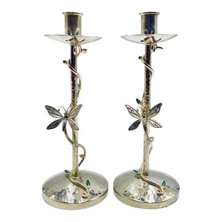 Pair of Emilia Castillo Silver-Plated Candlesticks With Emerald Stone Inlay For Sale