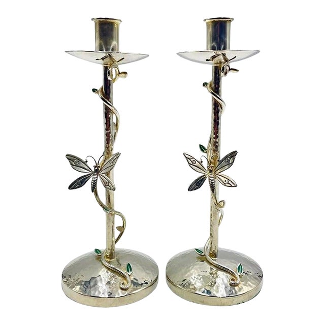 Pair of Emilia Castillo Silver-Plated Candlesticks With Emerald Stone Inlay For Sale