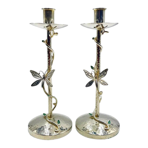 Pair of Emilia Castillo Silver-Plated Candlesticks With Emerald Stone Inlay