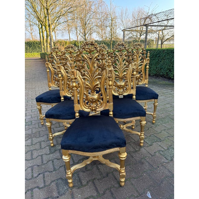 1900 Italian Rococo Gold Beech Black Velvet Dining Chairs - Set of 6 Pc For Sale - Image 17 of 18