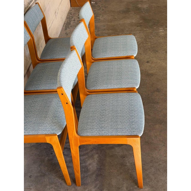 Wood Wood Dining Chairs Set of 6 in Blue Fabric Newly Reupholstered Mid-Century Modern For Sale - Image 7 of 11