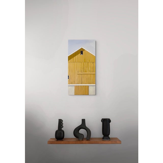 Autumn Afternoon by Justin Wheatley | Acrylic on Panel Yellow Barn With Grey Sky For Sale - Image 4 of 8