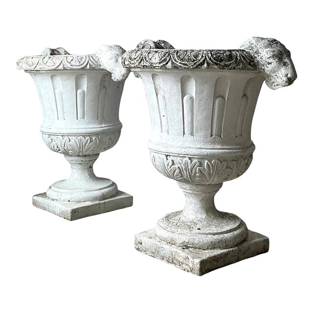 Vintage Cement Ram's Head Planters - Pair For Sale