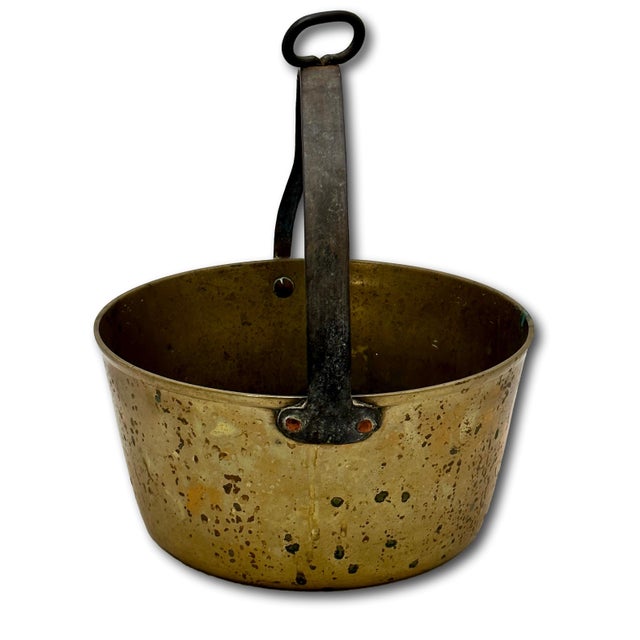 Unusual Mid 1800s Antique Heavy Brass & Hand Wrought Iron Fireplace Hearth Hanging Cooking Pot For Sale - Image 11 of 18