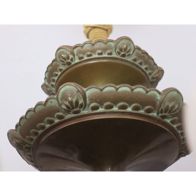 Large and impressive antique bronze chandelier with six lights in veined alabaster shades, finely worked bronze...