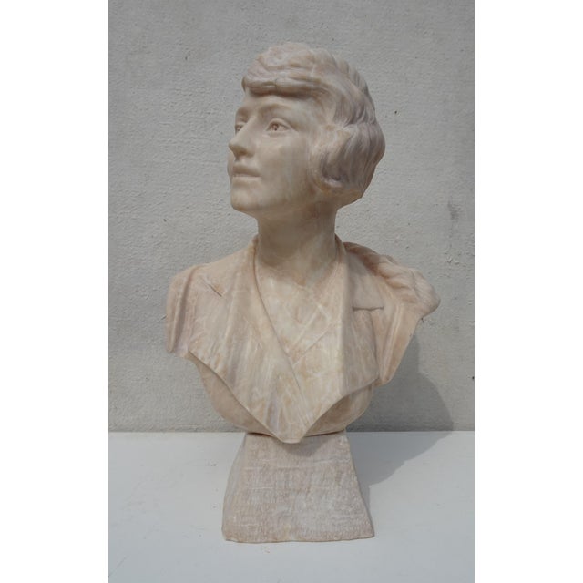 Cream Italian Artist, Large Art Deco Carved Bust of Woman, 1920s-1940s, Alabaster For Sale - Image 8 of 18