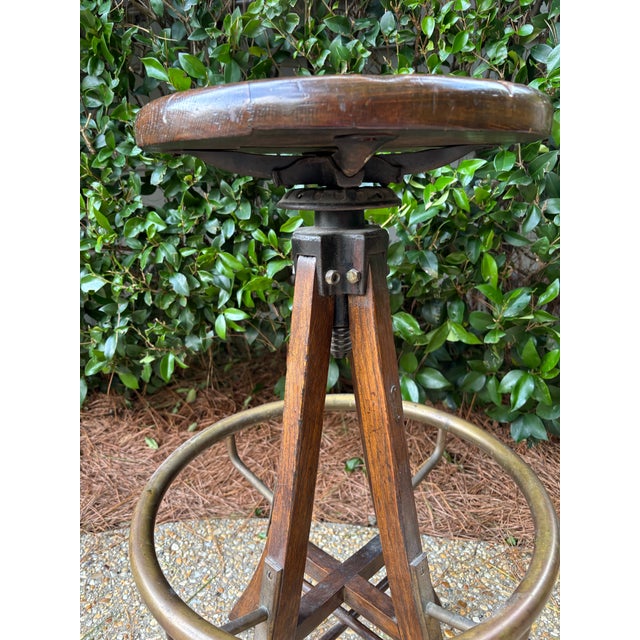 Industrial Early 20th Century Early Twentieth Century Heavy Solid Wood and Brass Swivel Industrial Drafting Stool For Sale - Image 3 of 9
