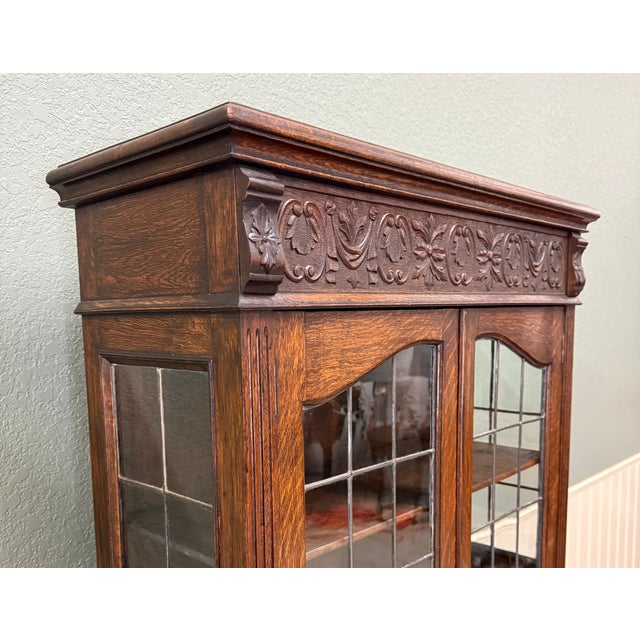 Brown Antique English Jacobean Bookcase Cabinet Double Door Glass Drawers Oak c.1930s For Sale - Image 8 of 18