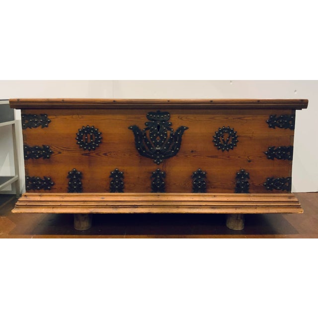 Brown Antique Oak Wood Trunk For Sale - Image 8 of 8