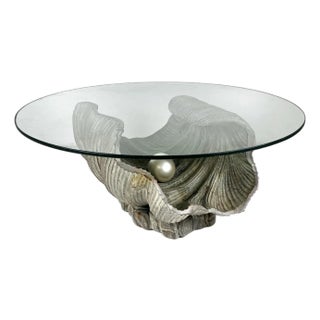 Vintage Carved Wood Clam Shell and Pearl Coffee Table For Sale