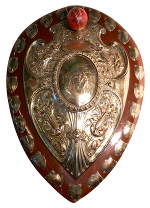 Art Nouveau Sheffield Plate Cricket Trophy Shield by Walker Hall and Sons, 1890s