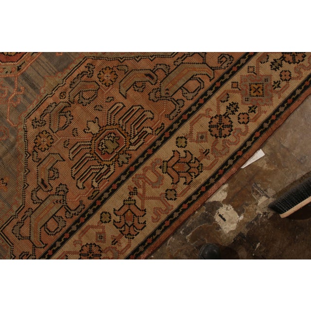 Hand Knotted Antique Oushak Style Rug in Blue and Pink Medallion Style For Sale In New York - Image 6 of 9