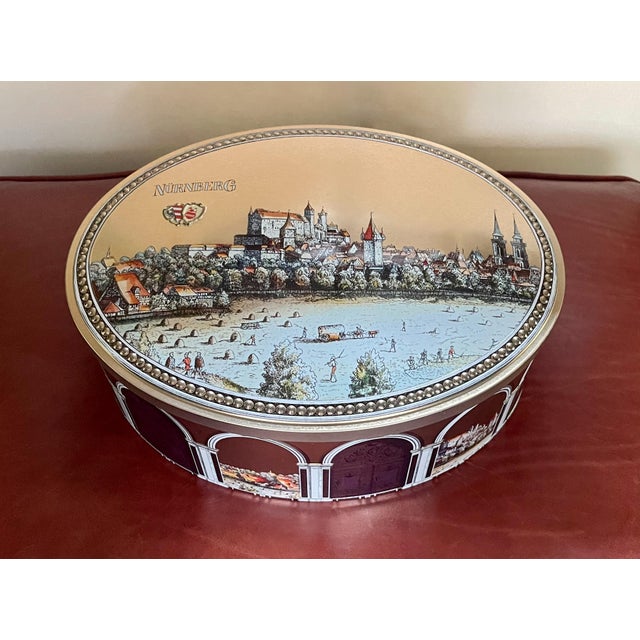 Gold Mid 20th Century Scenic Gold Oval Tin Box For Sale - Image 8 of 8