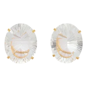 Statement Oval Cut Crystal Gemstone Stud Earrings in 18k Solid Yellow Gold - 2 Pieces