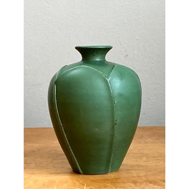 Ceramic Vintage Geometric Green Ceramic Vase For Sale - Image 7 of 12