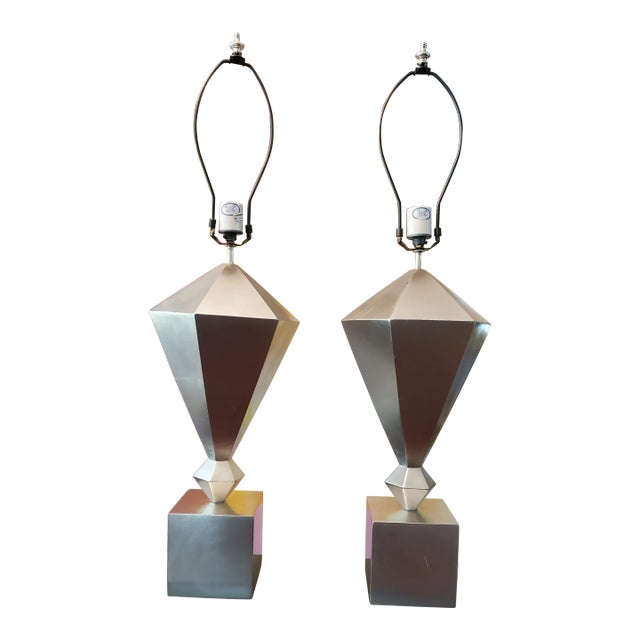 Vintage Mid-Century Diamond Shaped Silver Lamps - a Pair For Sale