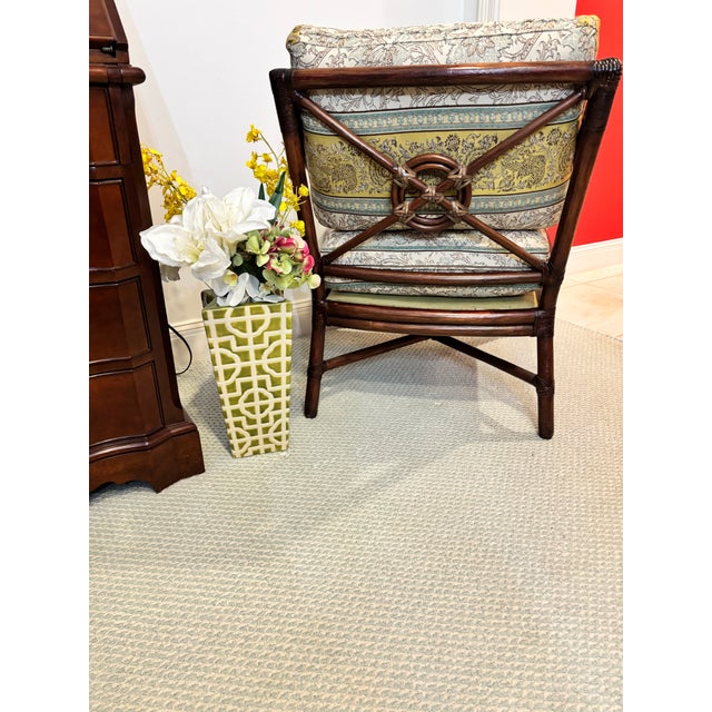 1970s 2 Professionally Refurbished McGuire Target Back Rattan Lounge Chairs With Ottoman. Upholstered in Vintage Original Green and Blue For Sale - Image 5 of 12