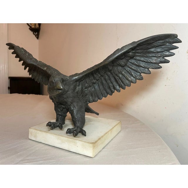 Antique Solid Bronze Marble Open Winged American Bald Eagle Statue Sculpture For Sale - Image 10 of 13