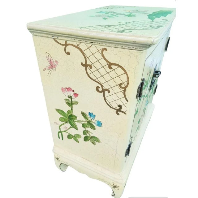 Wood Rare Vintage Chinoiserie Pale Yellow Bird Floral Hand Painted Wood Clothes Hamper For Sale - Image 7 of 11