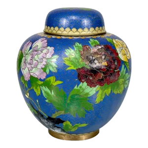 Vintage Chinese Cloisonne Brass & Enamel Floral Ginger Jar Urn