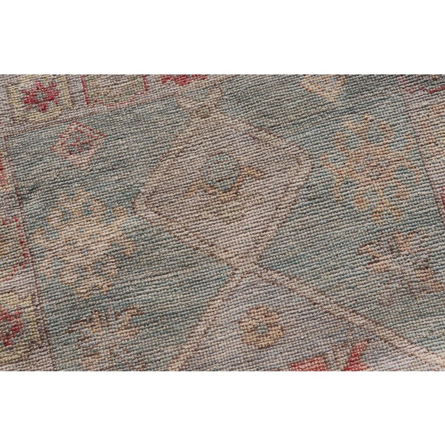Modern Small Oushak Runner With Teal-Blue Background and Medallion Motif For Sale - Image 10 of 11