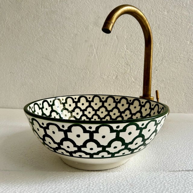 Contemporary Handcrafted Ceramic Green Vessel Sink Basin, Brass Drain For Sale - Image 3 of 9