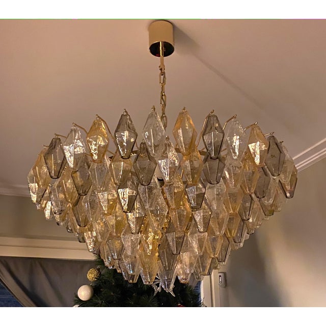 Gold Large Amber and Grey Poliedri Murano Glass Chandelier For Sale - Image 8 of 14
