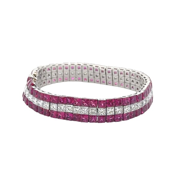 Exquisite Invisible-Set Ruby & Diamond Platinum Flexible Tennis Bracelet For Sale In Los Angeles - Image 6 of 6